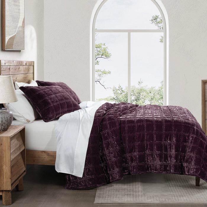 Stella Faux Silk Velvet Double Box Stitch Quilt Set Queen / Dark Violet Quilt