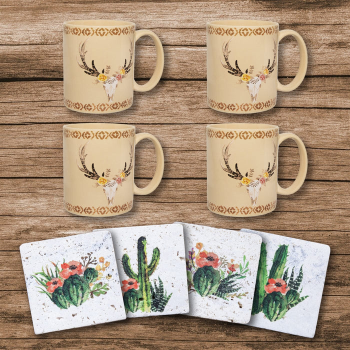 Desert Skull Mug and Cactus Blooms Coaster 8-PC Set Kitchen Lifestyle