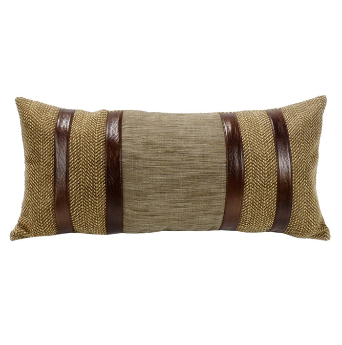 Highland Lodge Herringbone Lumbar Pillow w/ Faux Leather, 12x26 Pillow