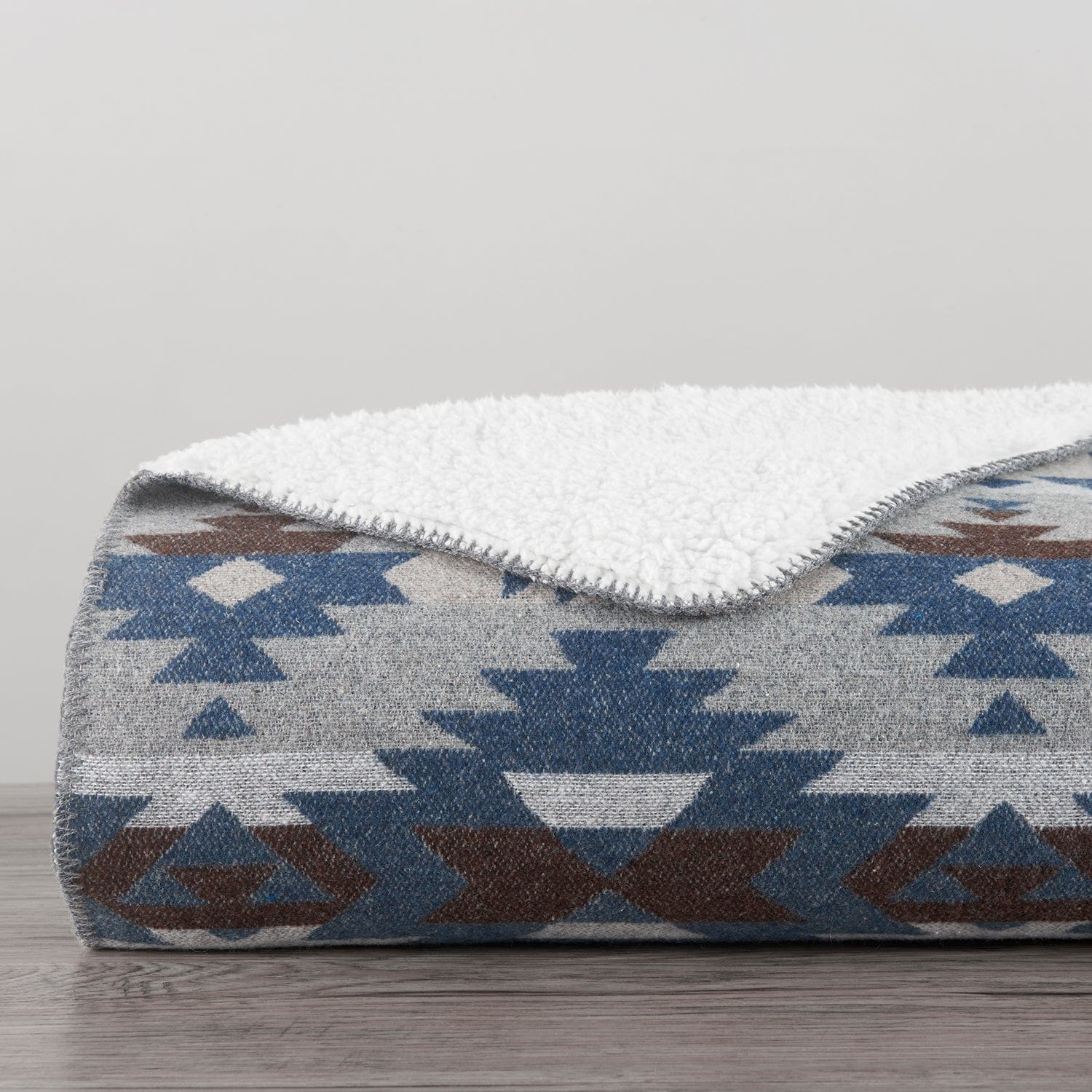 Aztec Design Throw With Shearling, 3 Colors, 50x60 Blue Throw