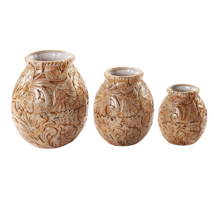 Chestnut Tooled Leather 3PC Vase Set Vase