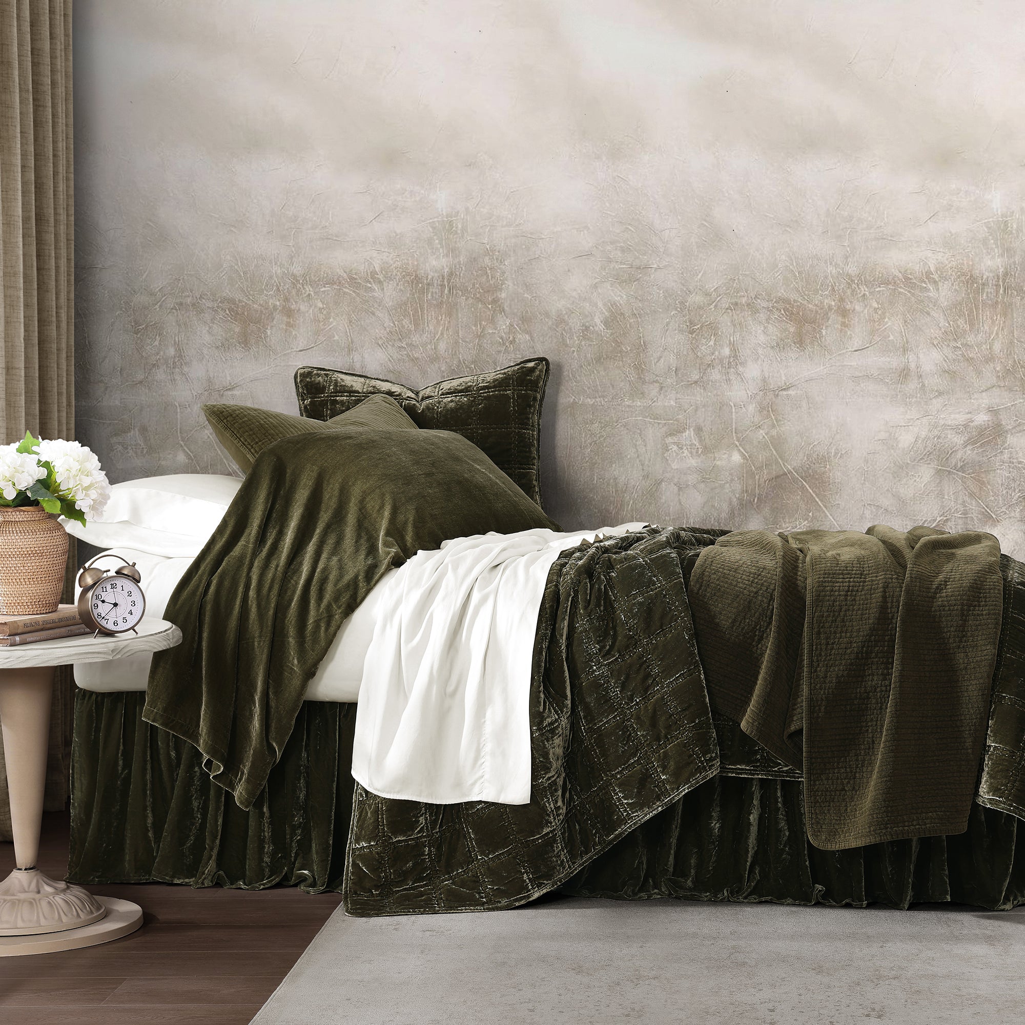 Stella Faux Silk Velvet Double Box Stitch Quilt  (Fern Green) - Shop The Look