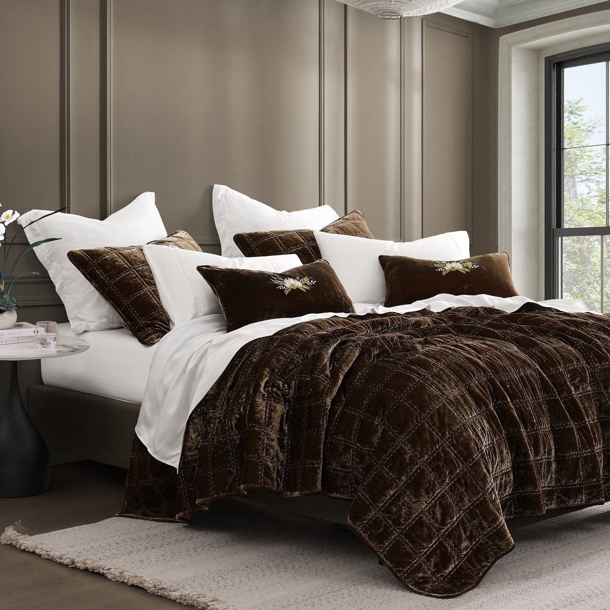 Stella Faux Silk Velvet Double Box Stitch Quilt  (Green Ochre) - Shop The Look