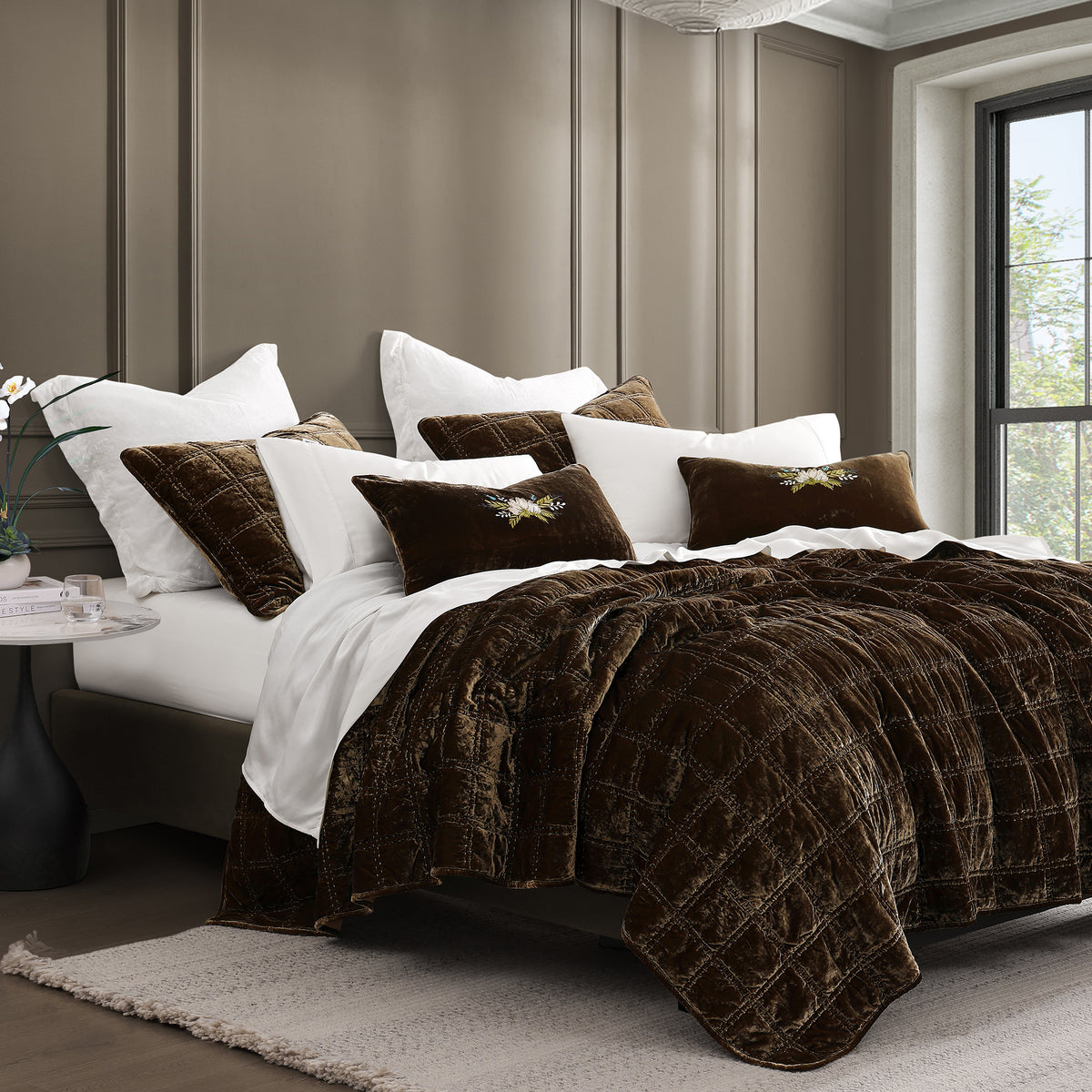 Stella Faux Silk Velvet Double Box Stitch Quilt  (Green Ochre) - Shop The Look
