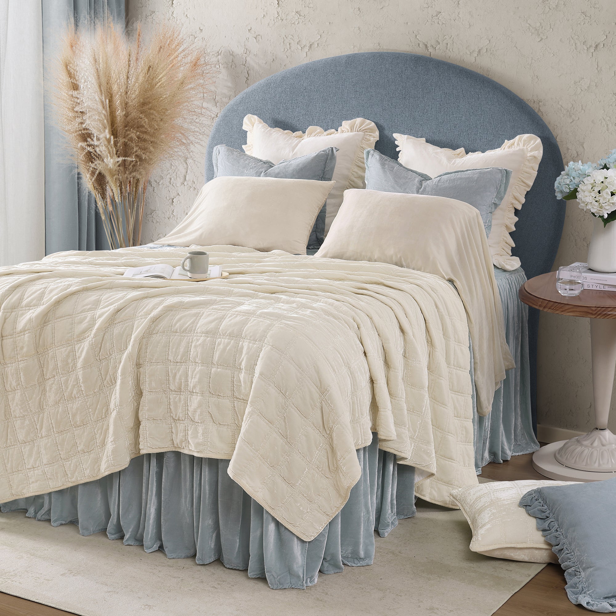 Stella Faux Silk Velvet Double Box Stitch Quilt (Stone) - Shop The Look