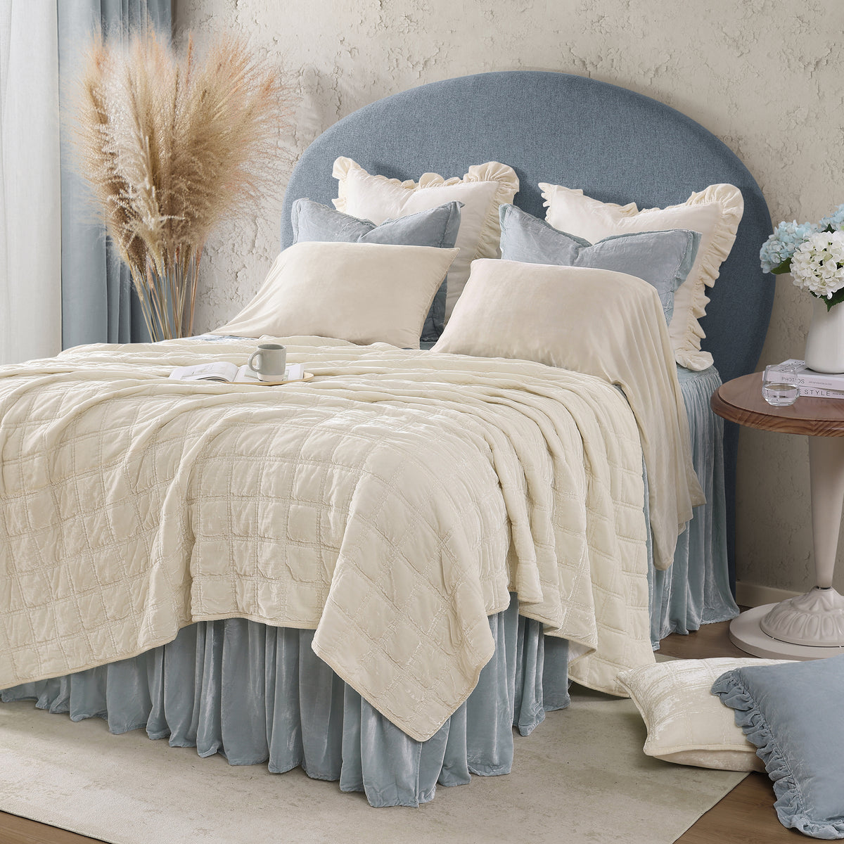 Stella Faux Silk Velvet Double Box Stitch Quilt (Stone) - Shop The Look