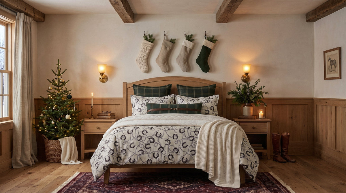 A lodge bedroom with the Highland Lodge comforter set and a snowy view