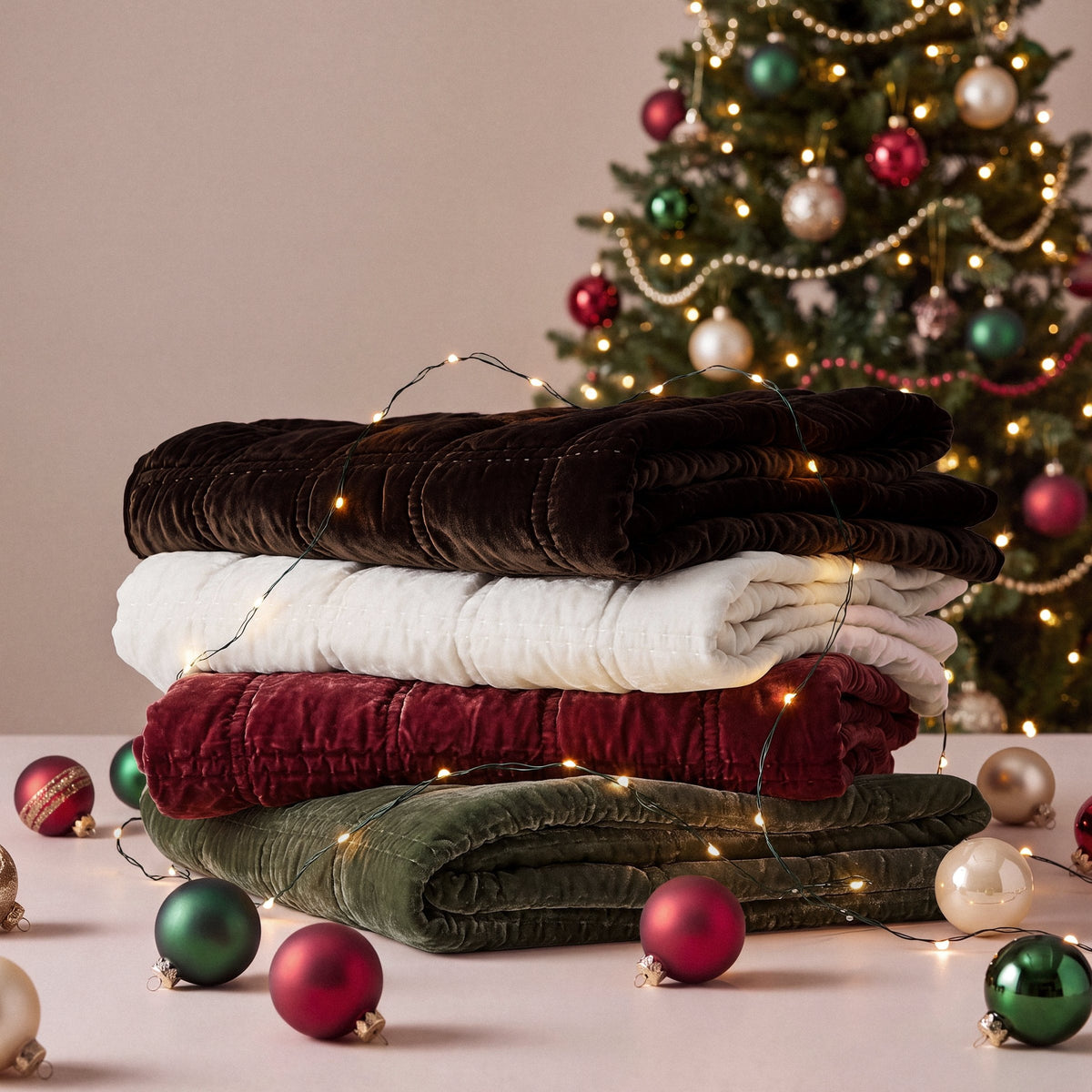 Four Stella faux silk velvet throws stacked by a Christmas tree, in espresso, stone, garnet and green