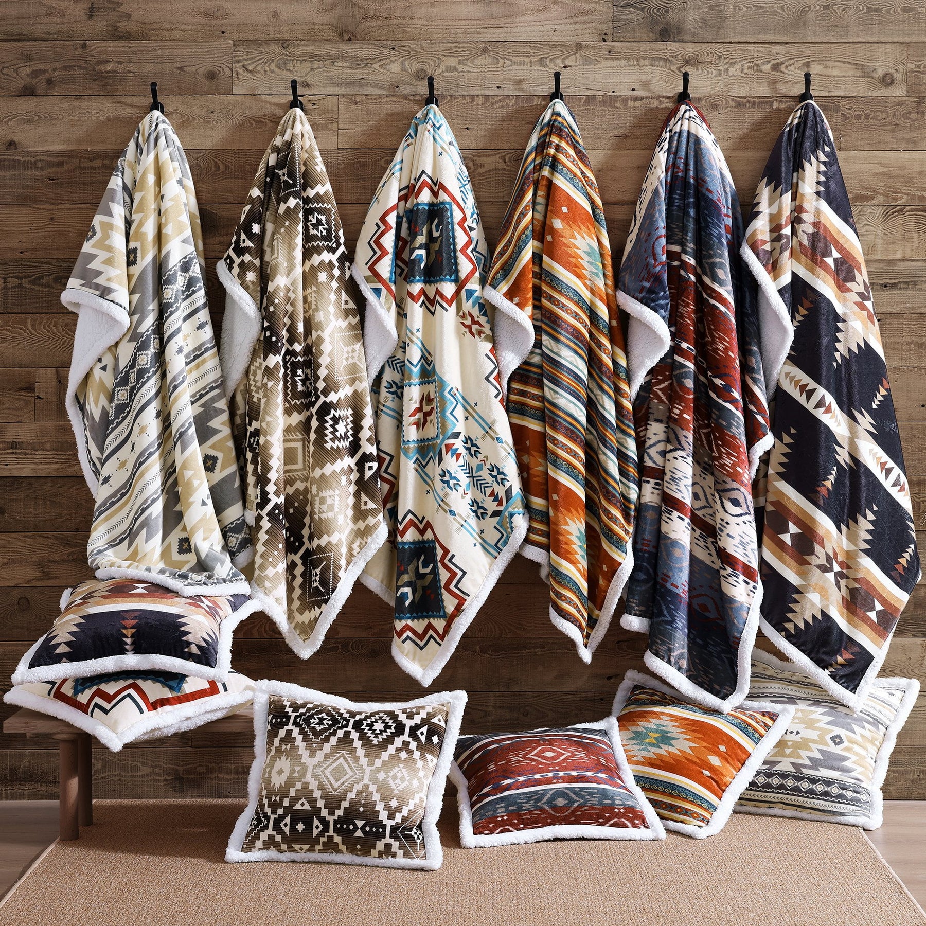 Campfire sherpa throws with coordinating pillows