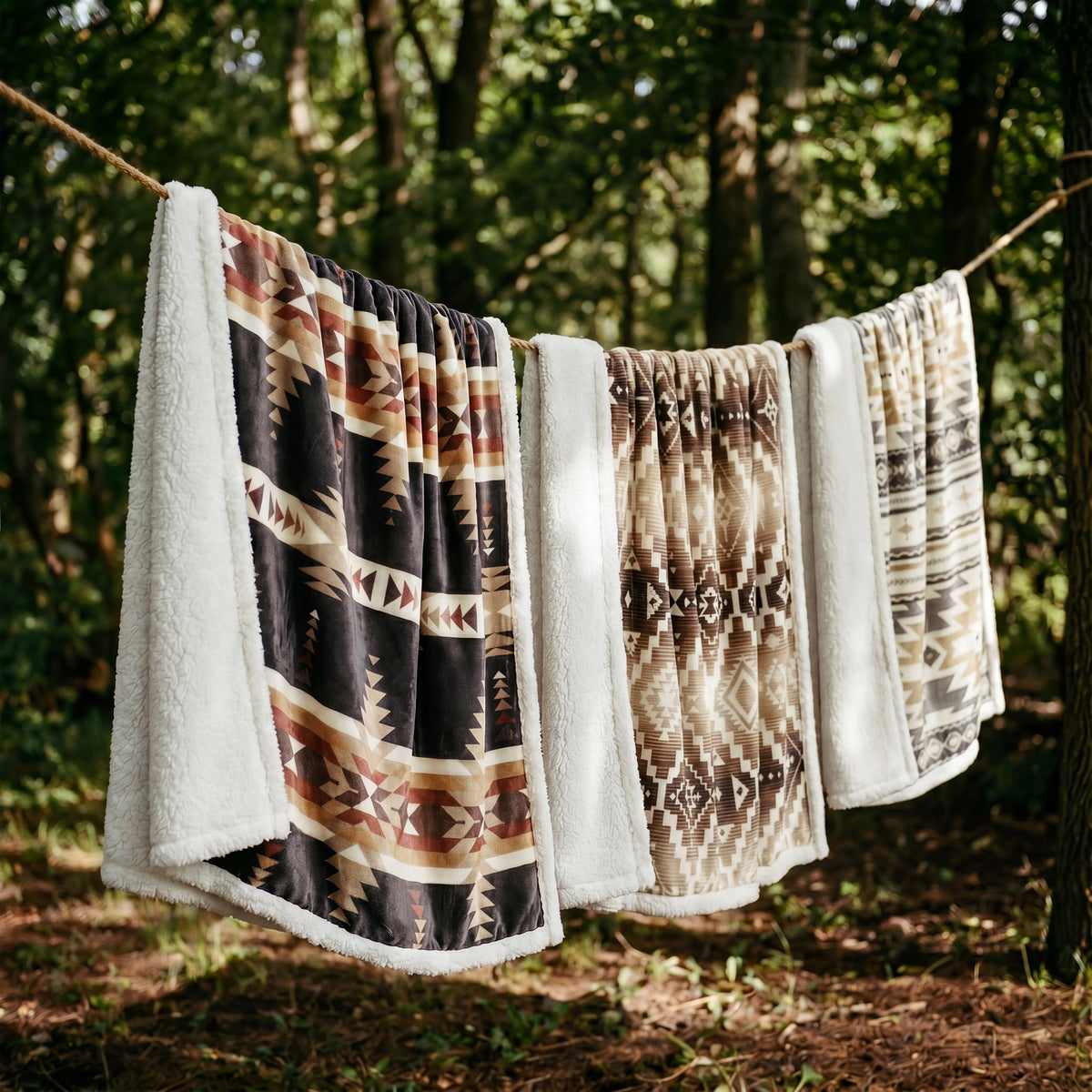 Southwestern Campfire sherpa throws displayed together outdoors