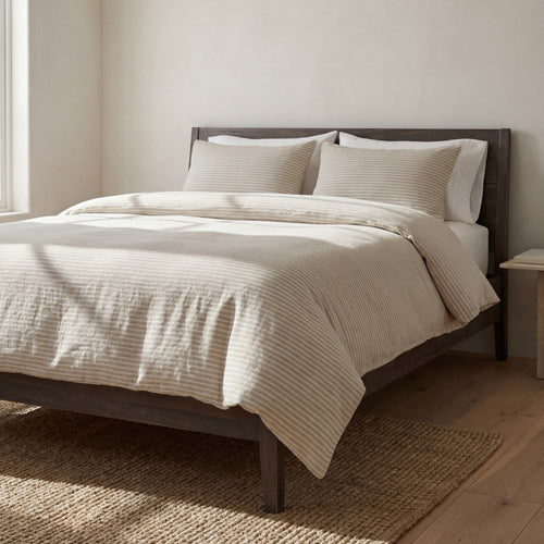 100% European Flax Linen Railroad Stripe Duvet Cover Set