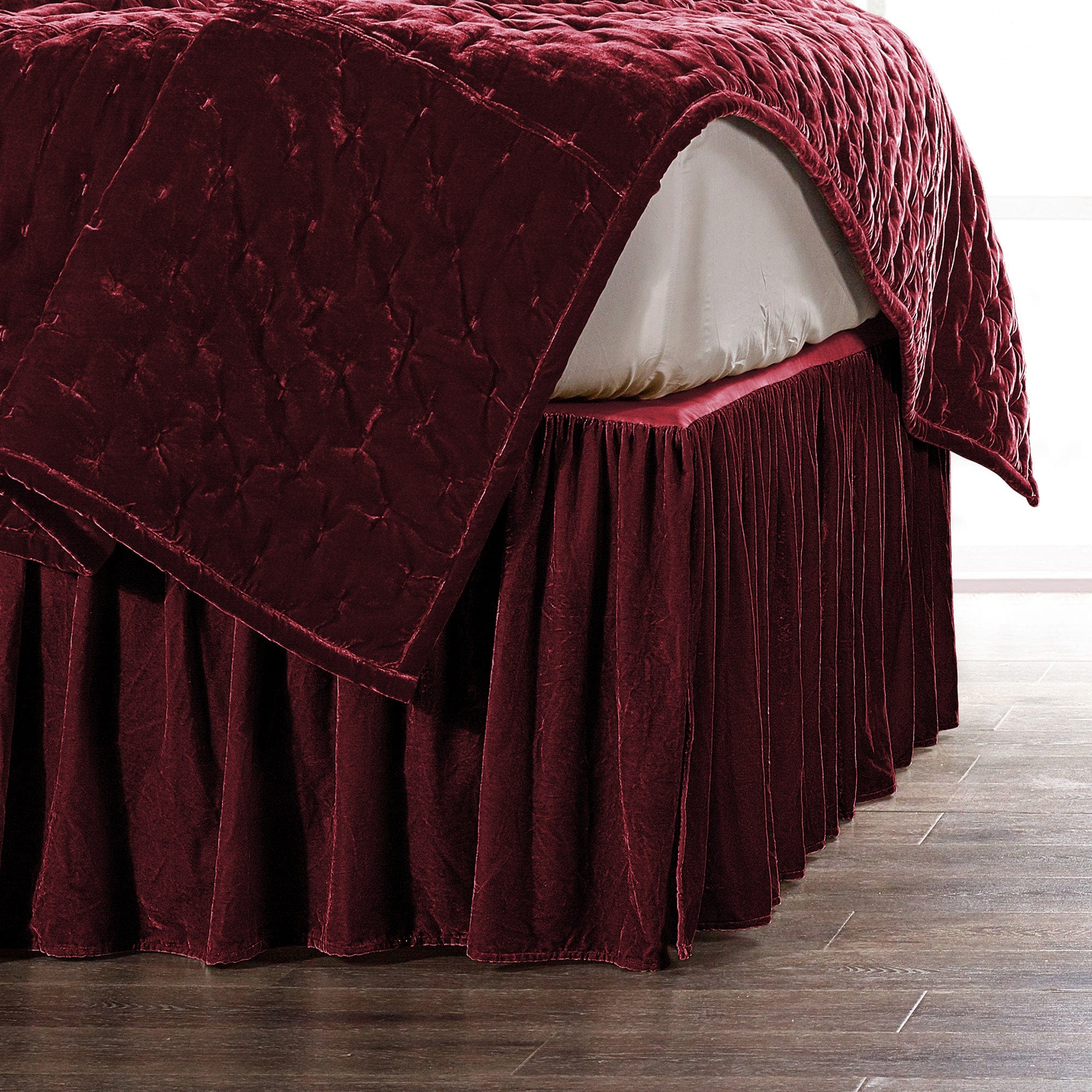 Stella Faux Silk Velvet Bed Skirt Queen / Garnet Red Bed Skirt