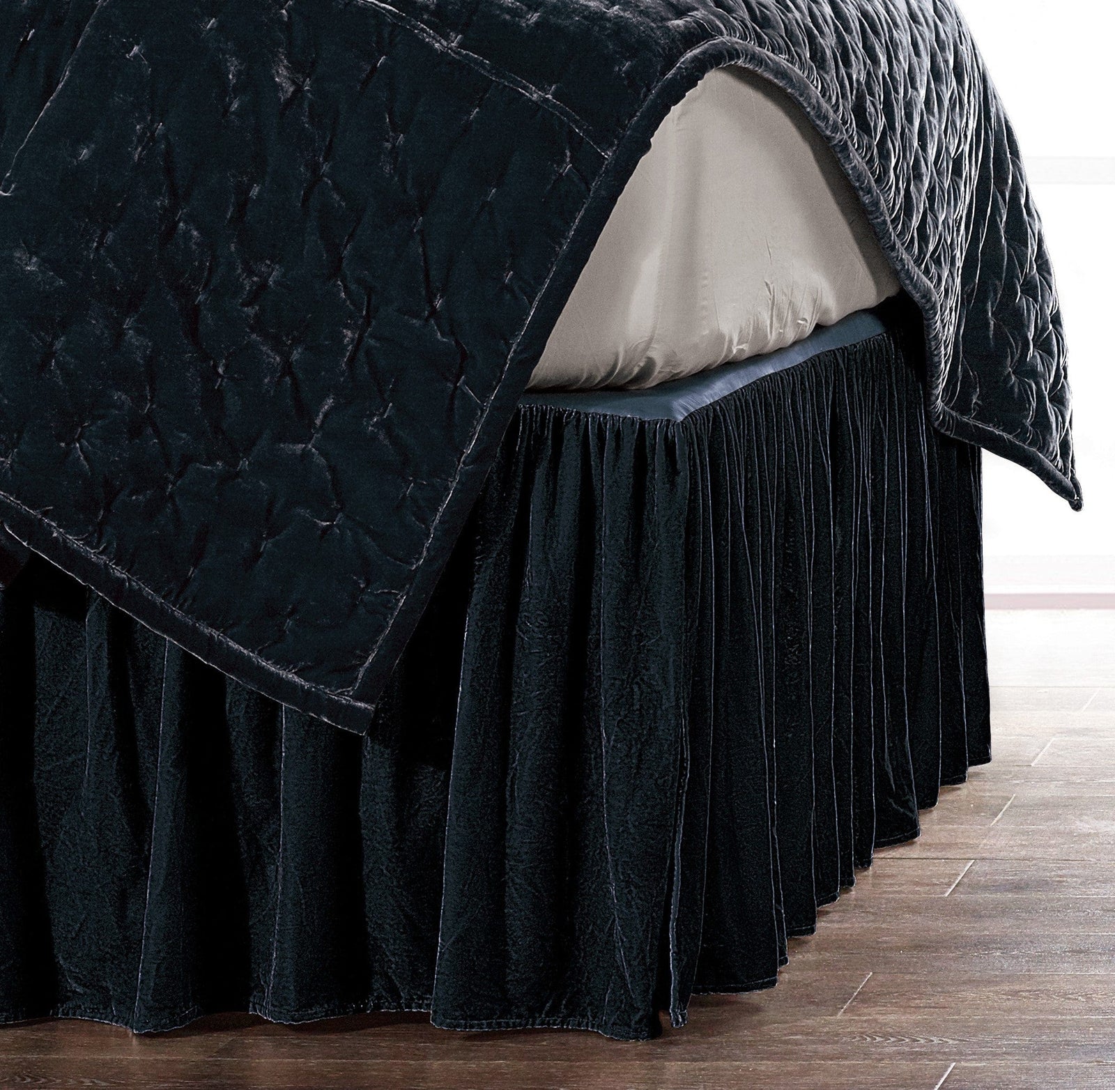 Stella Faux Silk Velvet Bed Skirt Queen / Midnight Blue Bed Skirt