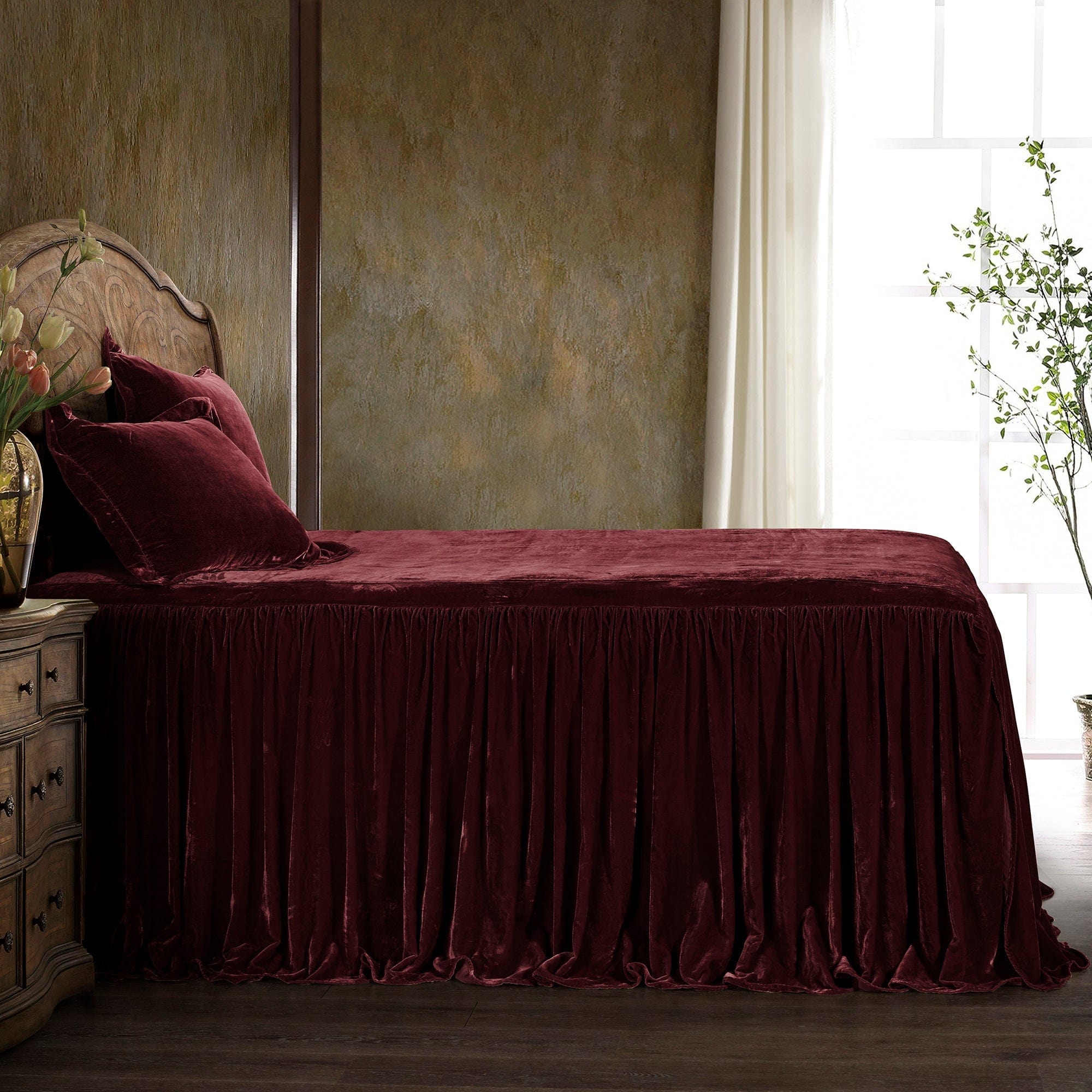 Stella Faux Silk Velvet Bedspread Set Twin / Garnet Red Bedspread