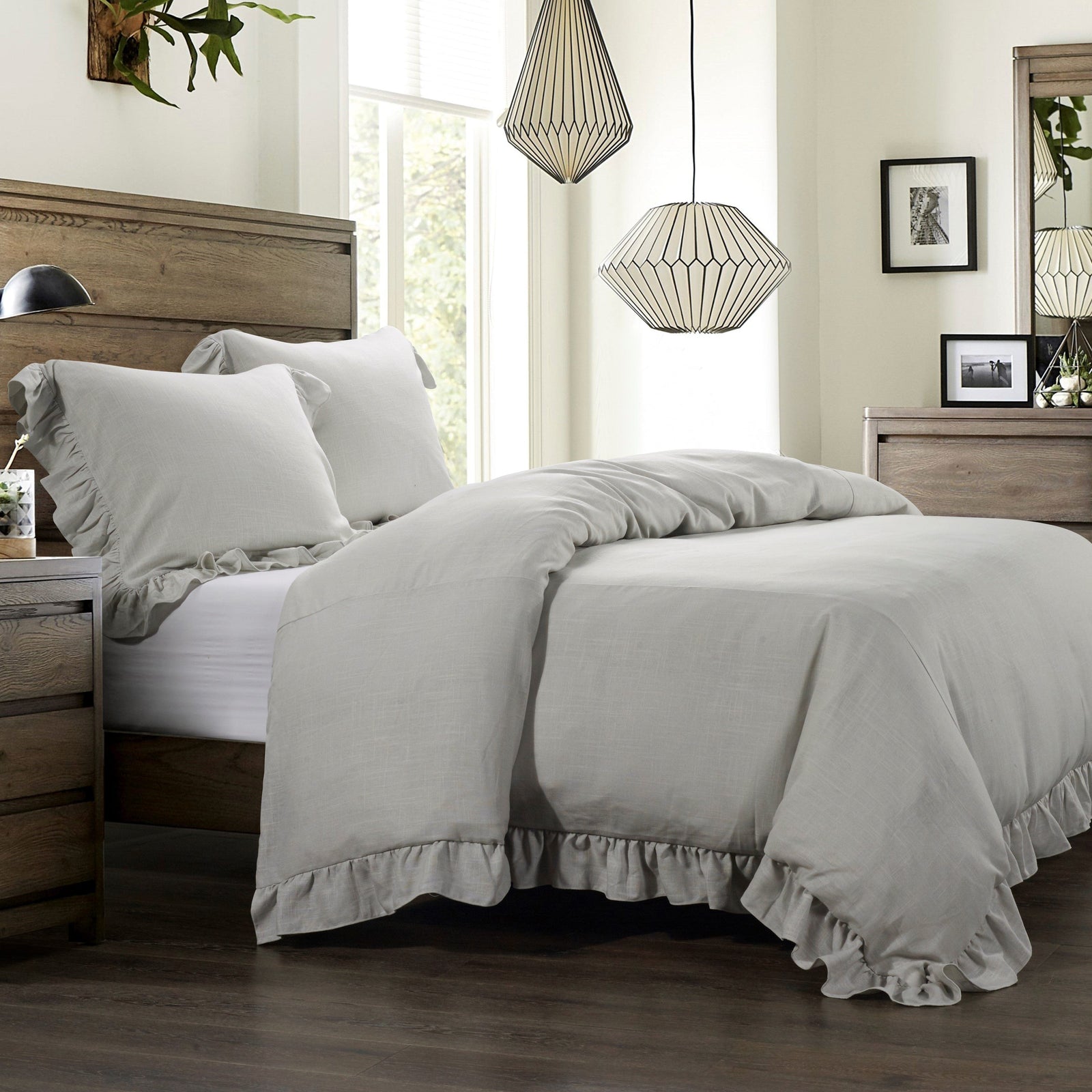 Lily Washed Linen Ruffled Bedding Set Comforter Set / Queen / Light Gray Comforter / Duvet Cover