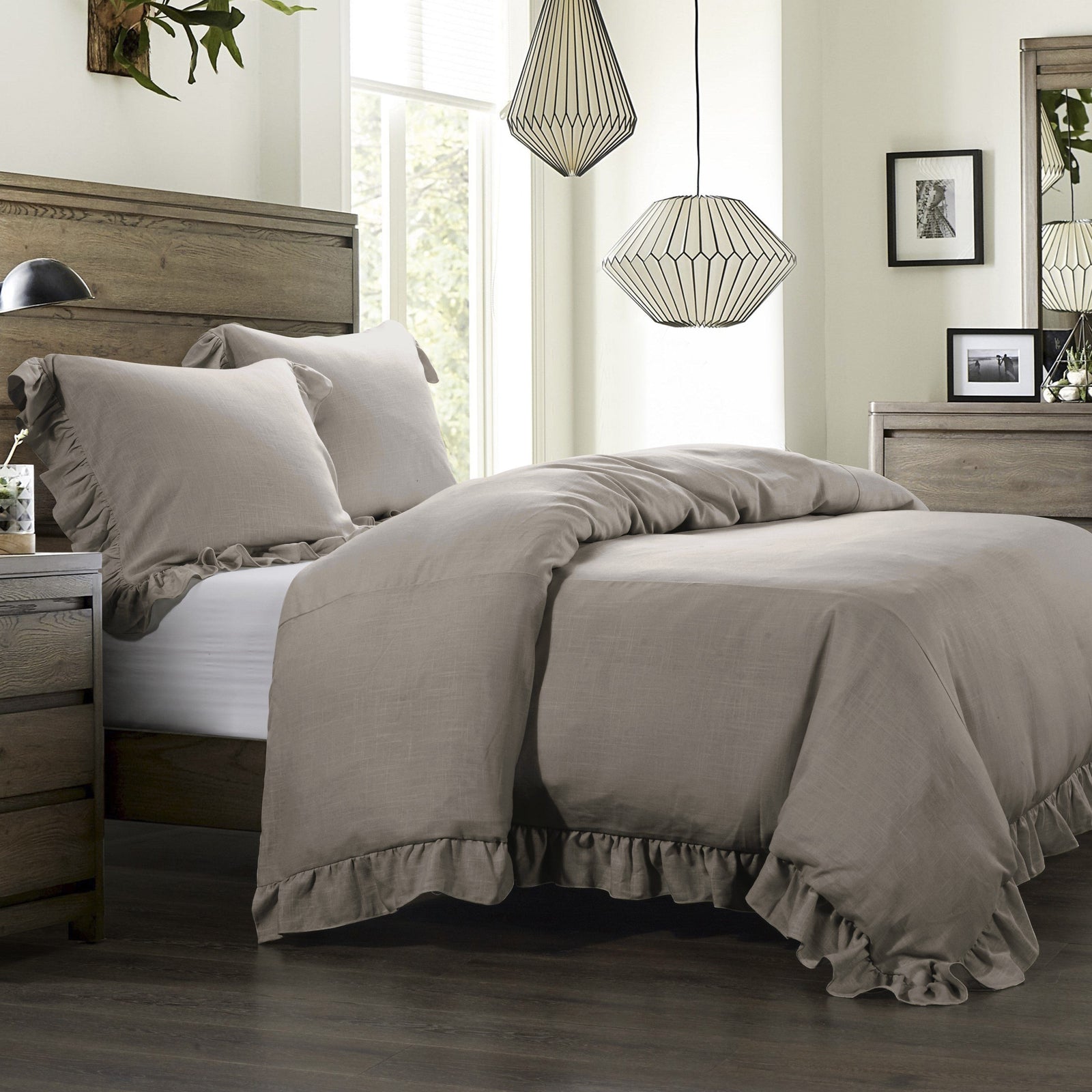Lily Washed Linen Ruffled Bedding Set Comforter Set / Queen / Taupe Comforter / Duvet Cover