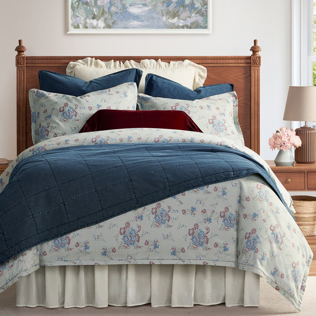 Rosabel washed denim bedding with delicate florals