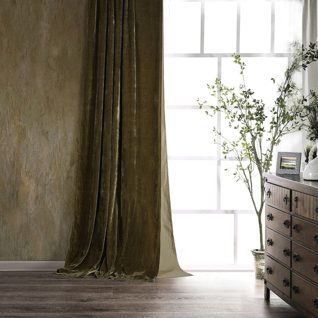 Stella Faux Silk Velvet Curtain Green Ochre Curtain