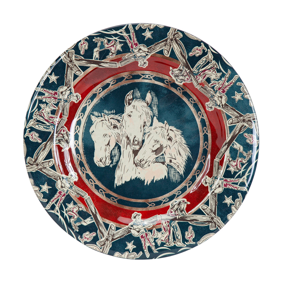 Patchwork Bandana Melamine Dinner Plates, Blue Horse Heads, Set of 4