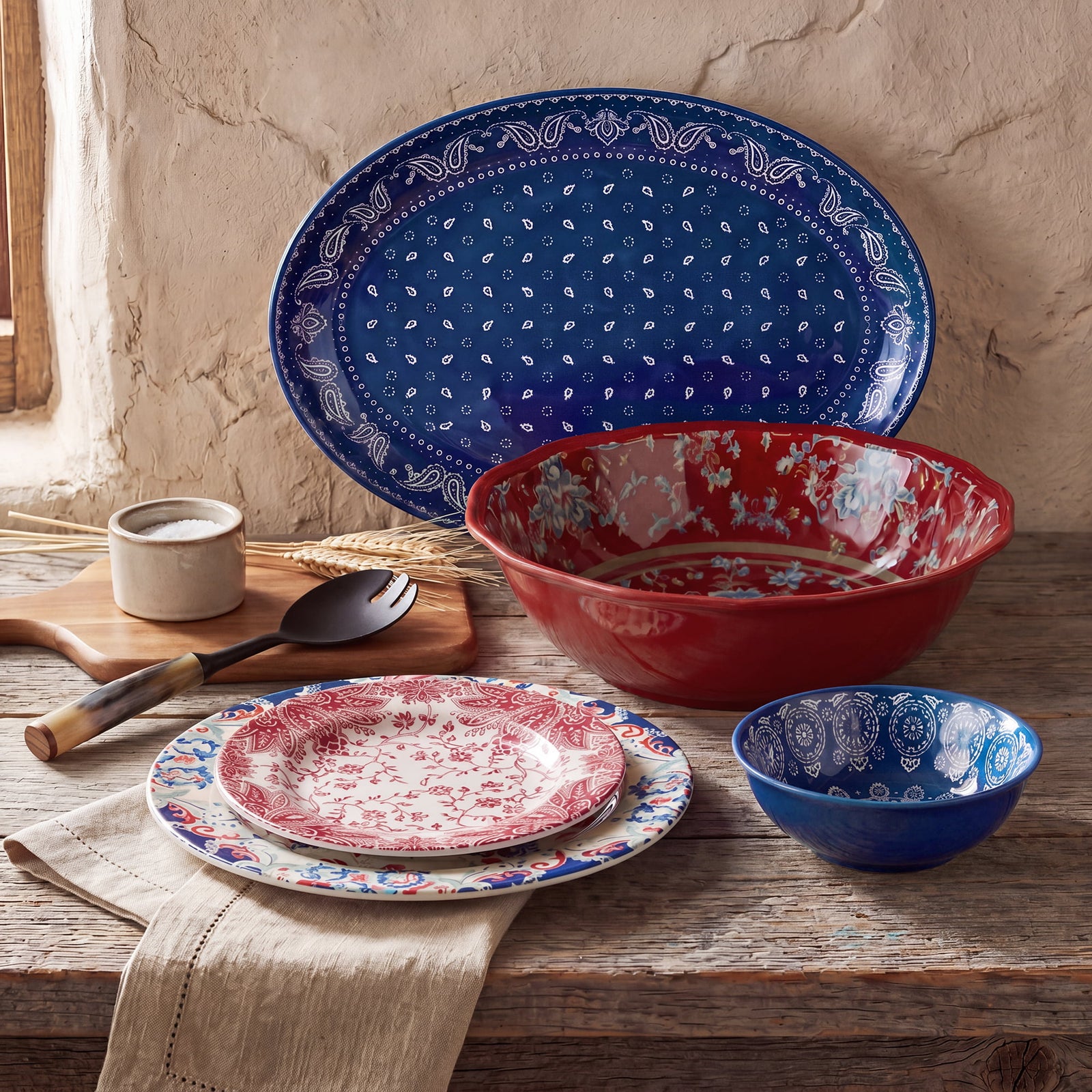 Patchwork Bandana 14PC Melamine Dinnerware Set, Paisley Bandana Dinnerware Set