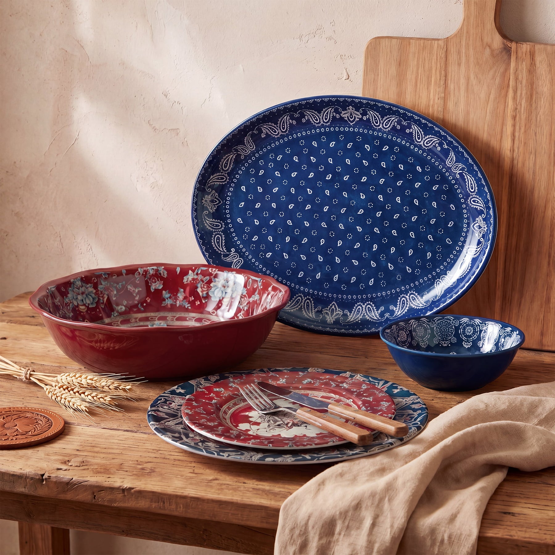 Patchwork Bandana 14PC Melamine Dinnerware Set, Western Americana Dinnerware Set