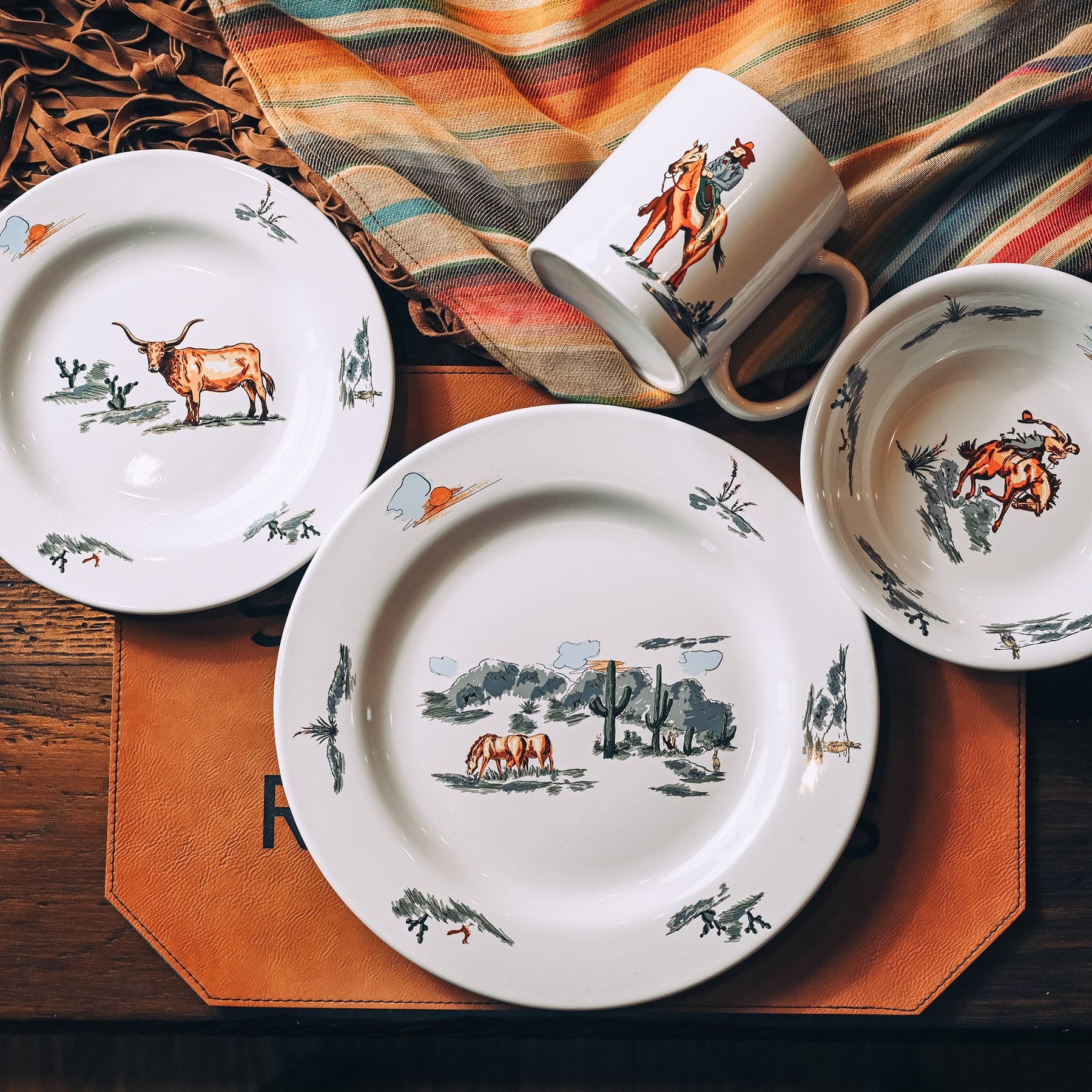 Ranch Life 16PC Ceramic Dinnerware Set arranged as a complete place setting