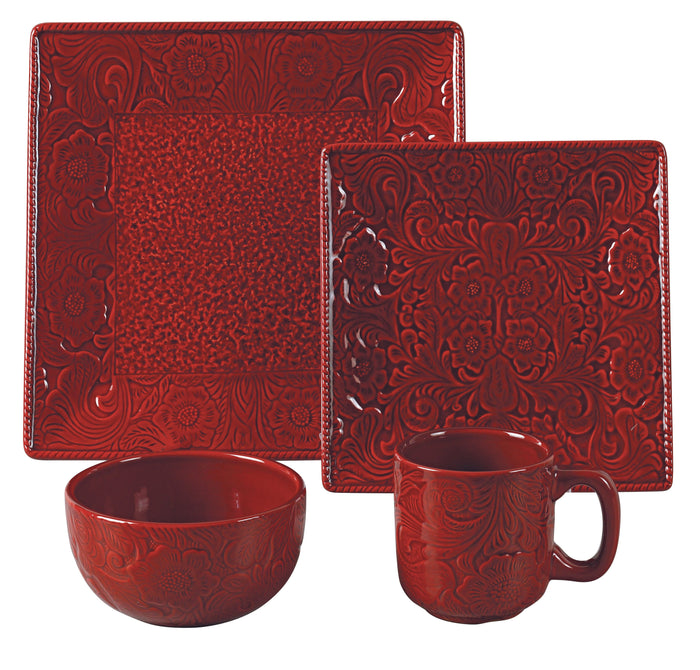 Savannah 16PC Ceramic Dinnerware Set, Turquoise & Red Red Dinnerware Set