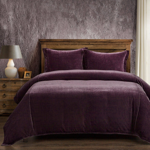 Stella Faux Silk Velvet Duvet Cover Set Queen / Dark Violet Duvet Cover