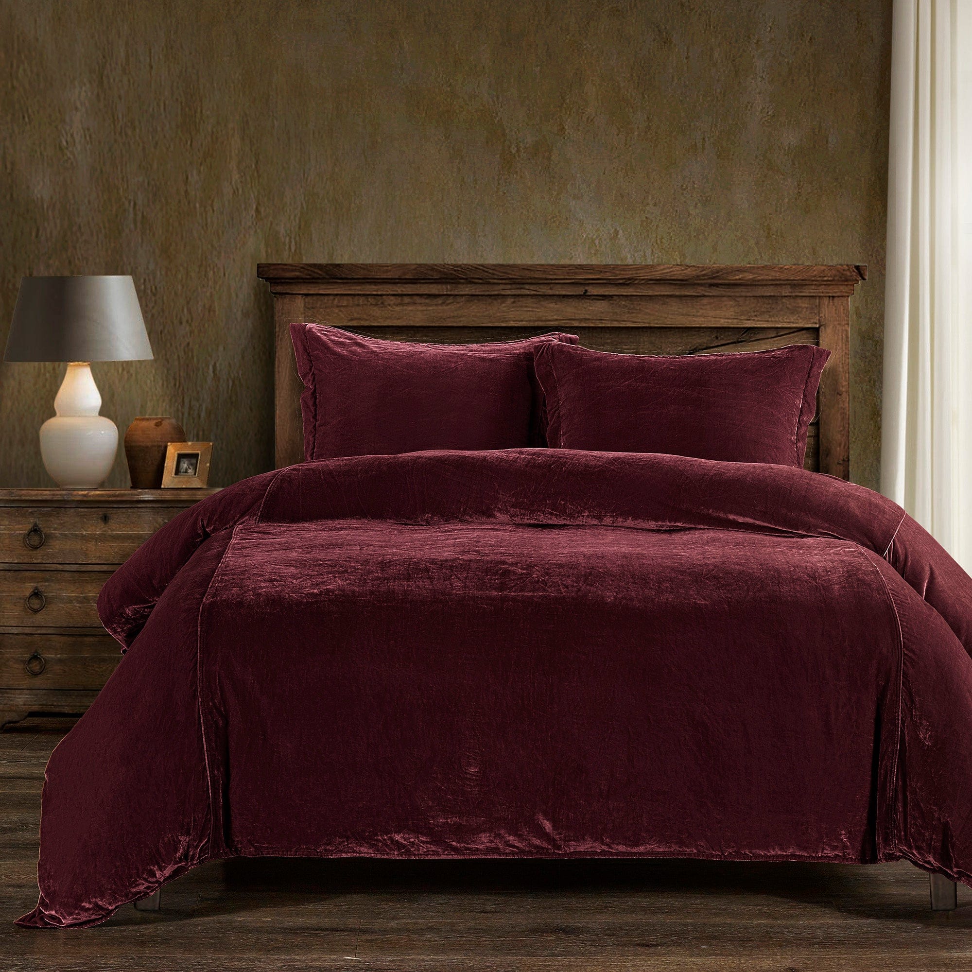 Stella Faux Silk Velvet Duvet Cover Set Queen / Garnet Red Duvet Cover
