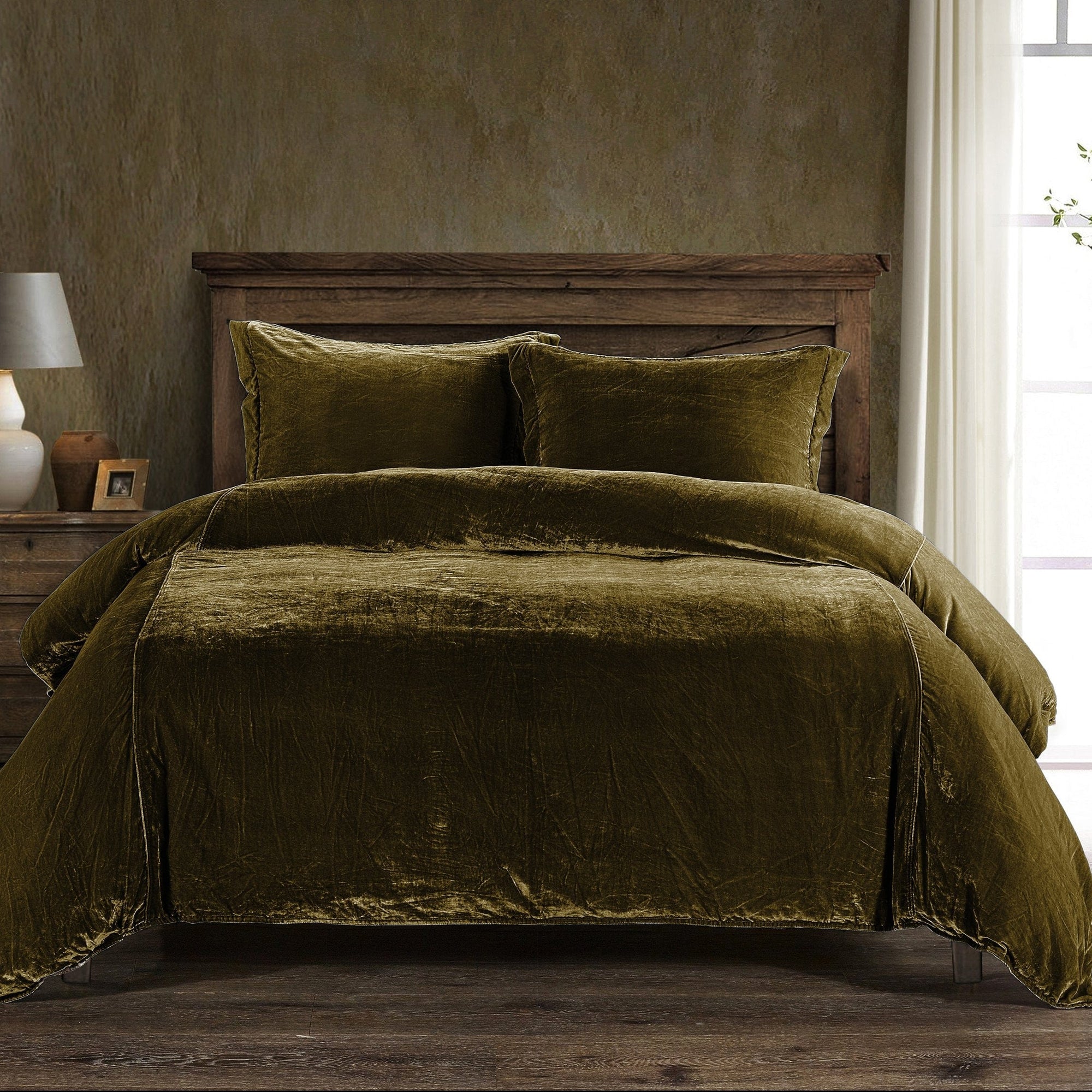 Stella Faux Silk Velvet Duvet Cover Set Queen / Green Ochre Duvet Cover