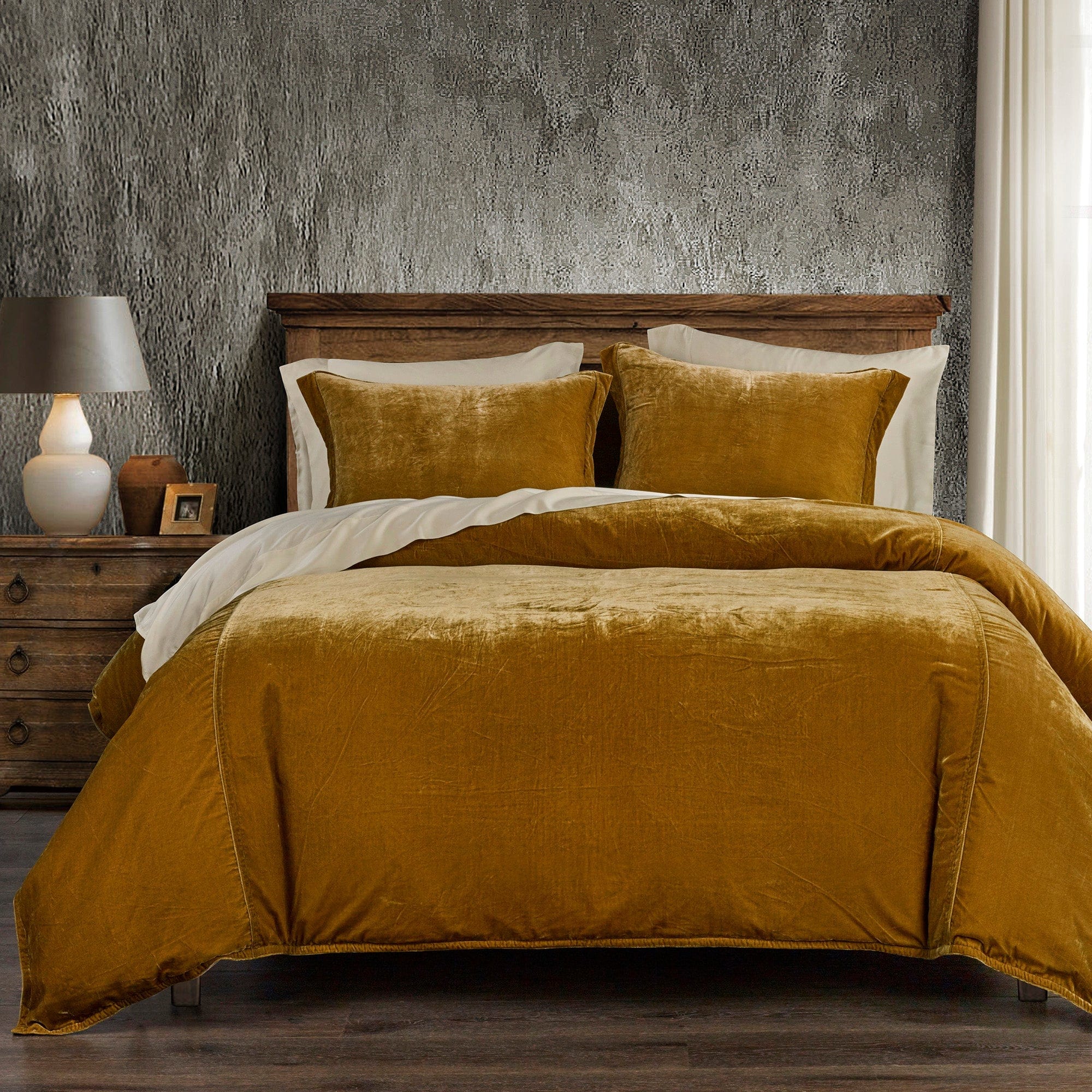 Stella Faux Silk Velvet Duvet Cover Set Queen / Saffron Duvet Cover