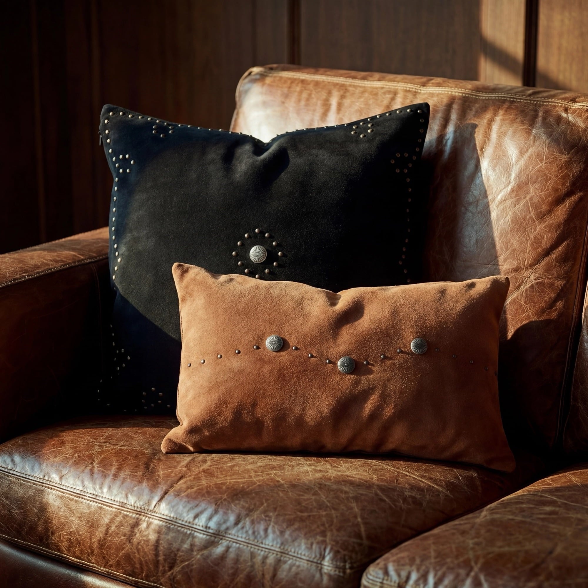 Western Suede Antique Silver Concho & Studded Pillow Leather Pillow