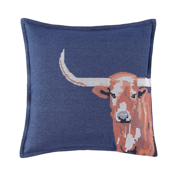 Denim Cross Stitched Embroidered Longhorn Pillow Pillow