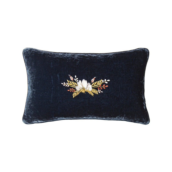 Stella Western Floral Embroidered Silk Velvet Lumbar Pillow Midnight Blue Pillow