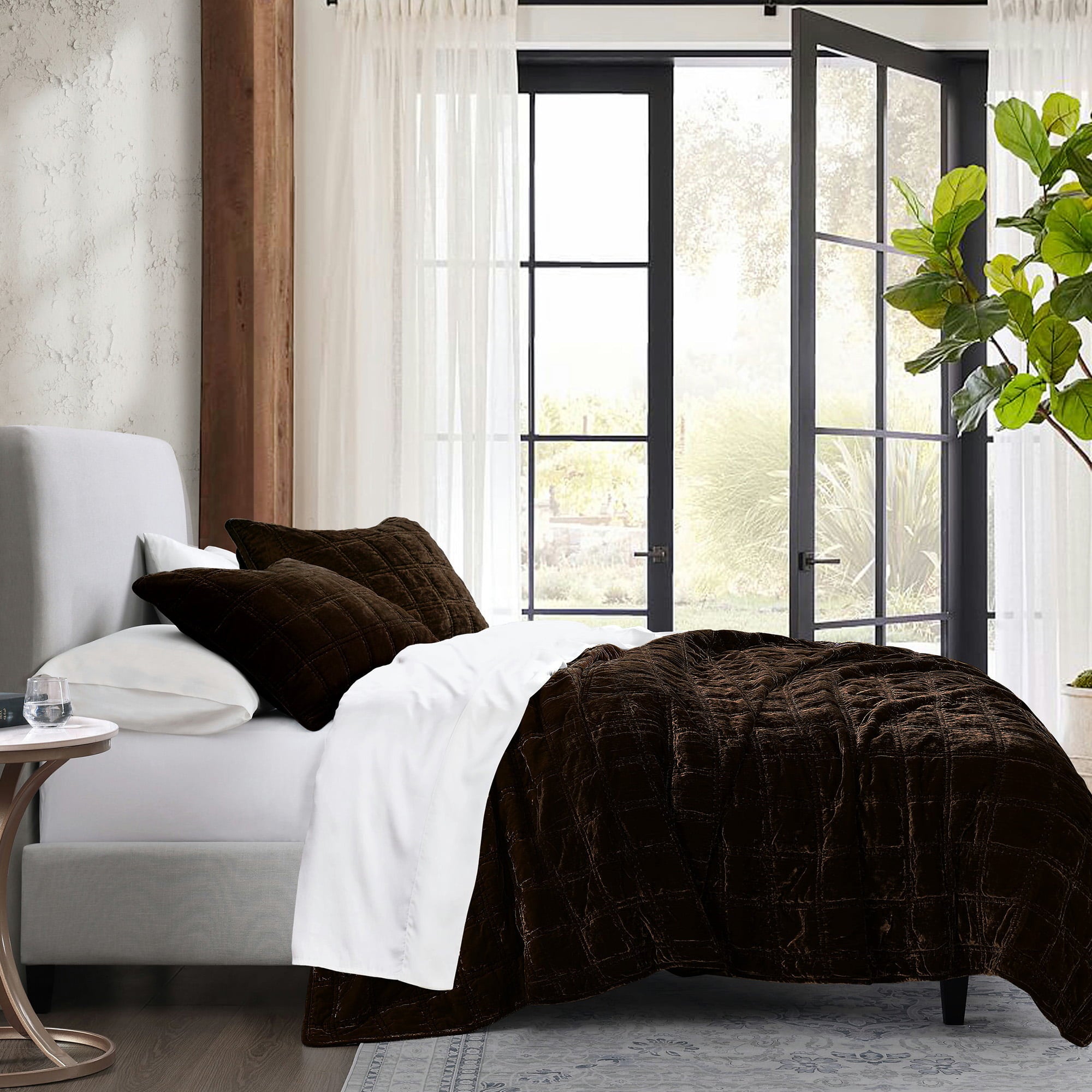 Stella Faux Silk Velvet Double Box Stitch Quilt Set Full/Queen / Espresso Quilt