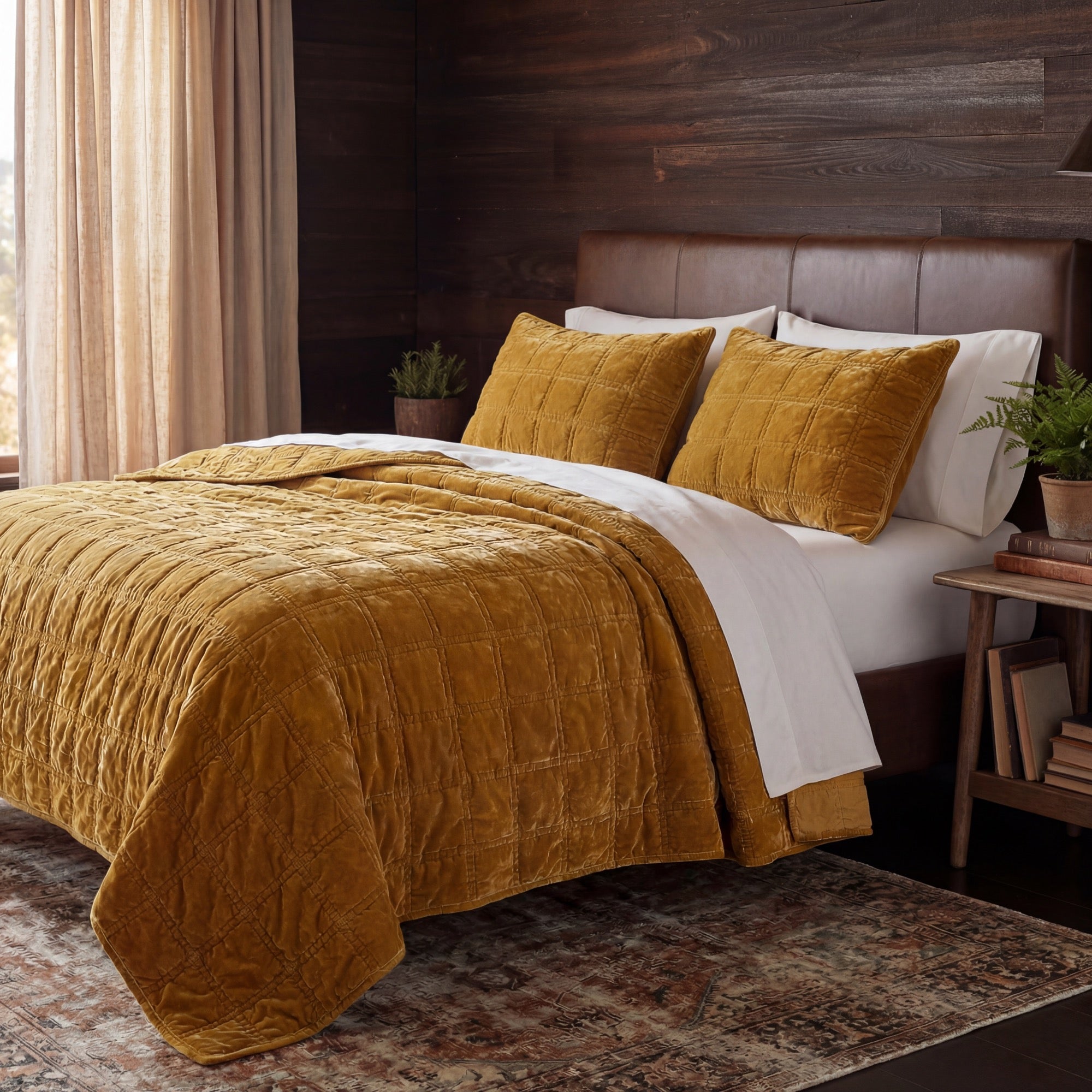 Stella Faux Silk Velvet Double Box Stitch Quilt Set Full/Queen / Saffron Quilt