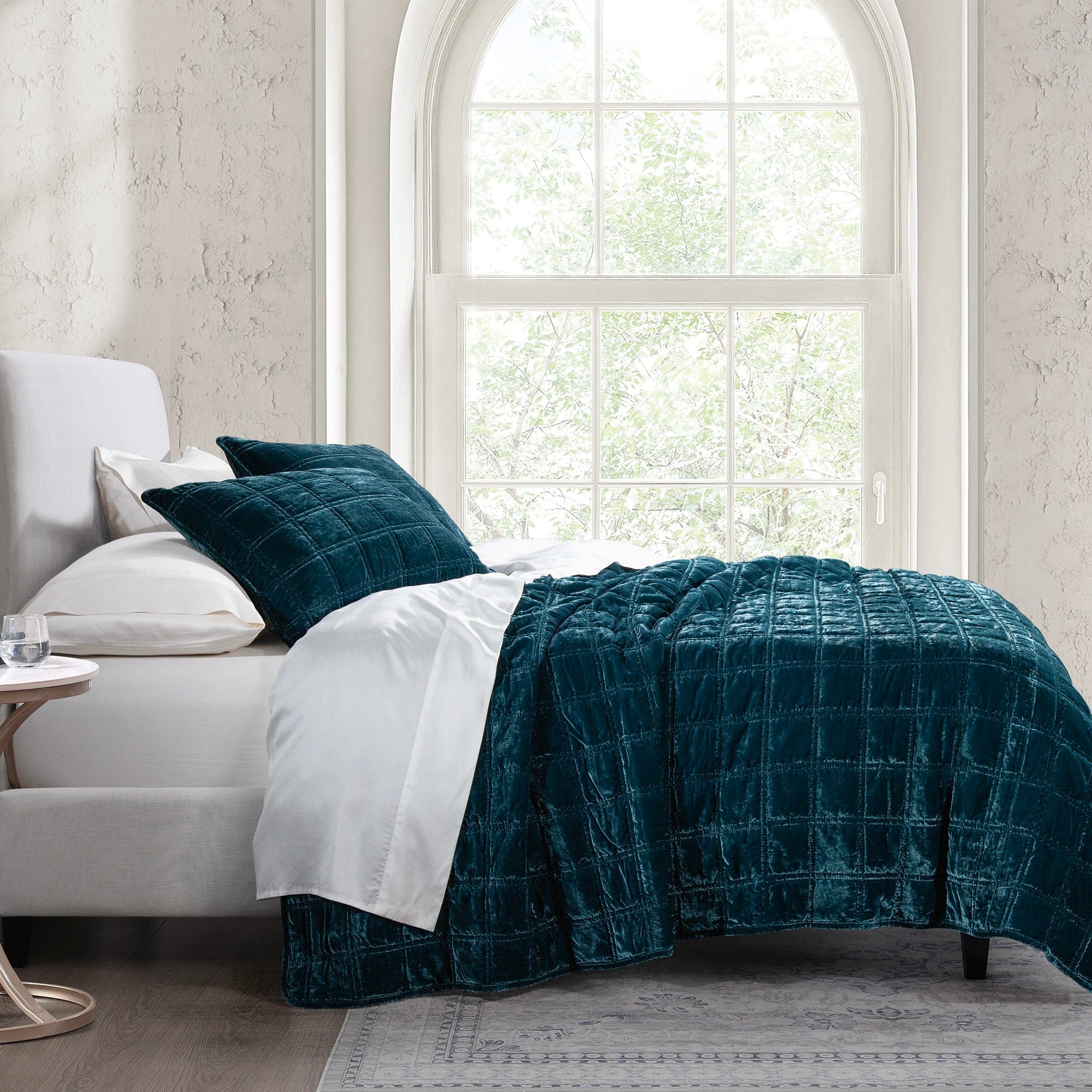 Stella Faux Silk Velvet Double Box Stitch Quilt Set Full/Queen / Teal Quilt