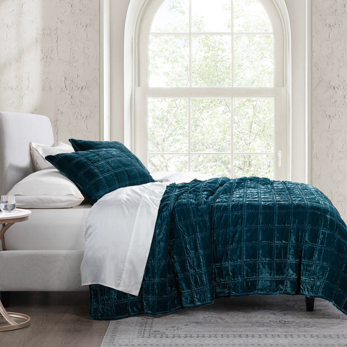 Stella Faux Silk Velvet Double Box Stitch Quilt Set Full/Queen / Teal Quilt