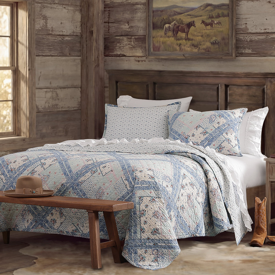 Mirabelle prairie quilt with timeworn floral patchwork