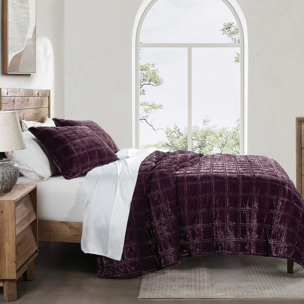 Stella Faux Silk Velvet Double Box Stitch Quilt Set Queen / Dark Violet Quilt