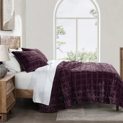 Stella Faux Silk Velvet Double Box Stitch Quilt Set Queen / Dark Violet Quilt