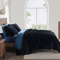 Stella Faux Silk Velvet Double Box Stitch Quilt Set Queen / Midnight Blue Quilt