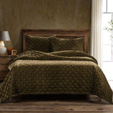 Stella Faux Silk Velvet Pintuck Quilt Quilt Set / Full/Queen / Green Ochre Quilt