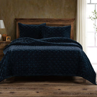 Stella Faux Silk Velvet Pintuck Quilt Quilt Set / Full/Queen / Midnight Blue Quilt