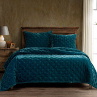 Stella Faux Silk Velvet Pintuck Quilt Quilt Set / Full/Queen / Teal Quilt