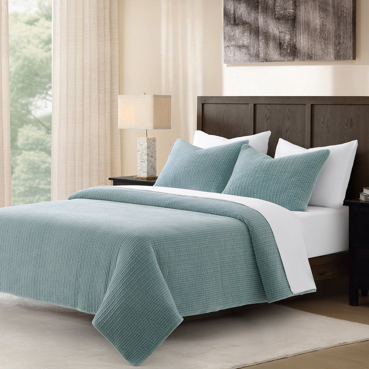 Stonewashed Cotton Velvet Quilt Quilt Set / Twin / Dusty Aqua Quilt