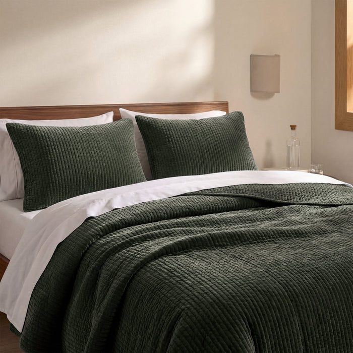 Stonewashed Cotton Velvet Quilt Quilt Set / Full/Queen / Fern Green