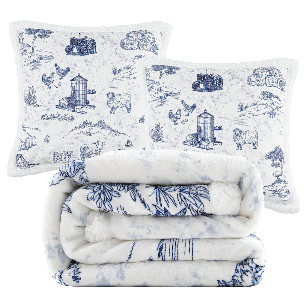 Farm Life Campfire Sherpa Throw Throw Set / Blue Throw