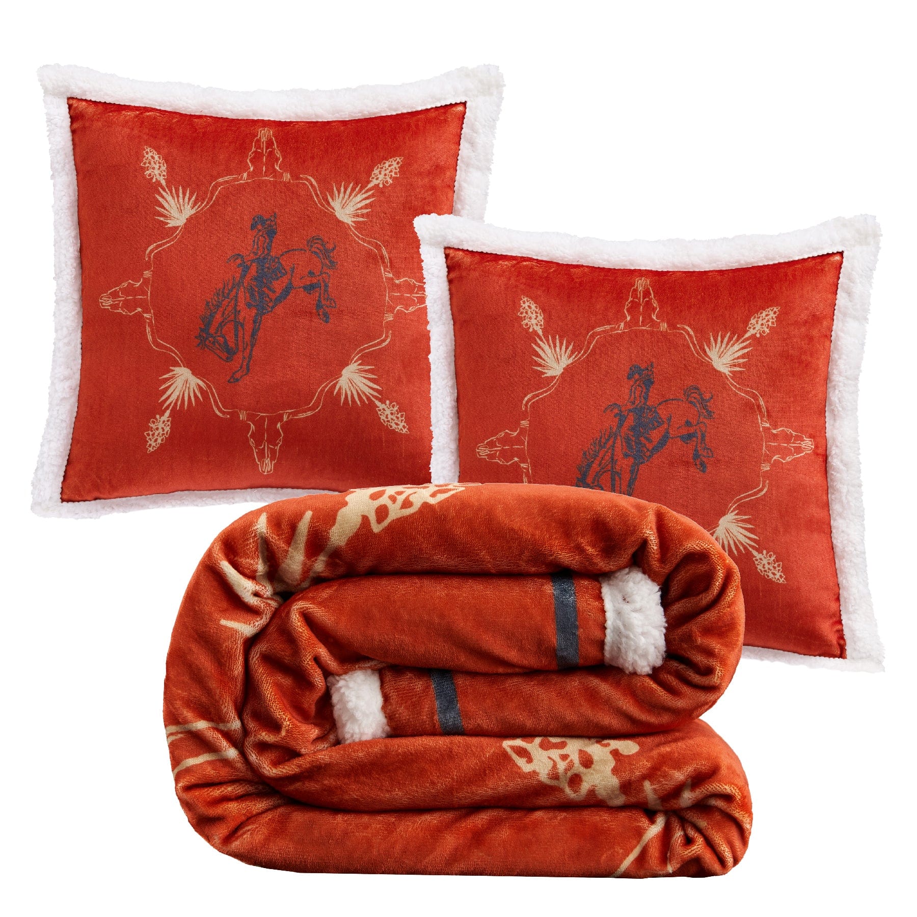 Marfa Campfire Sherpa Throw Throw Set: Bucking Bronco Pillows Throw