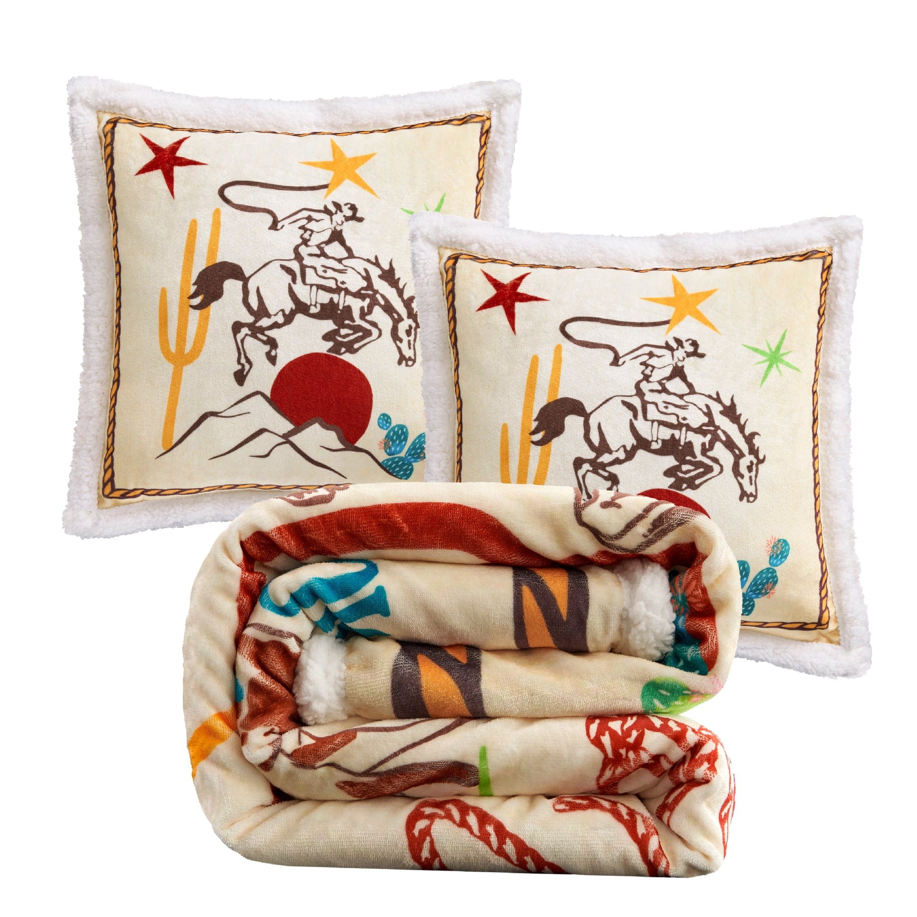 Western Adventure Campfire Sherpa Throw Throw Set: Desert Rider Pillows Throw